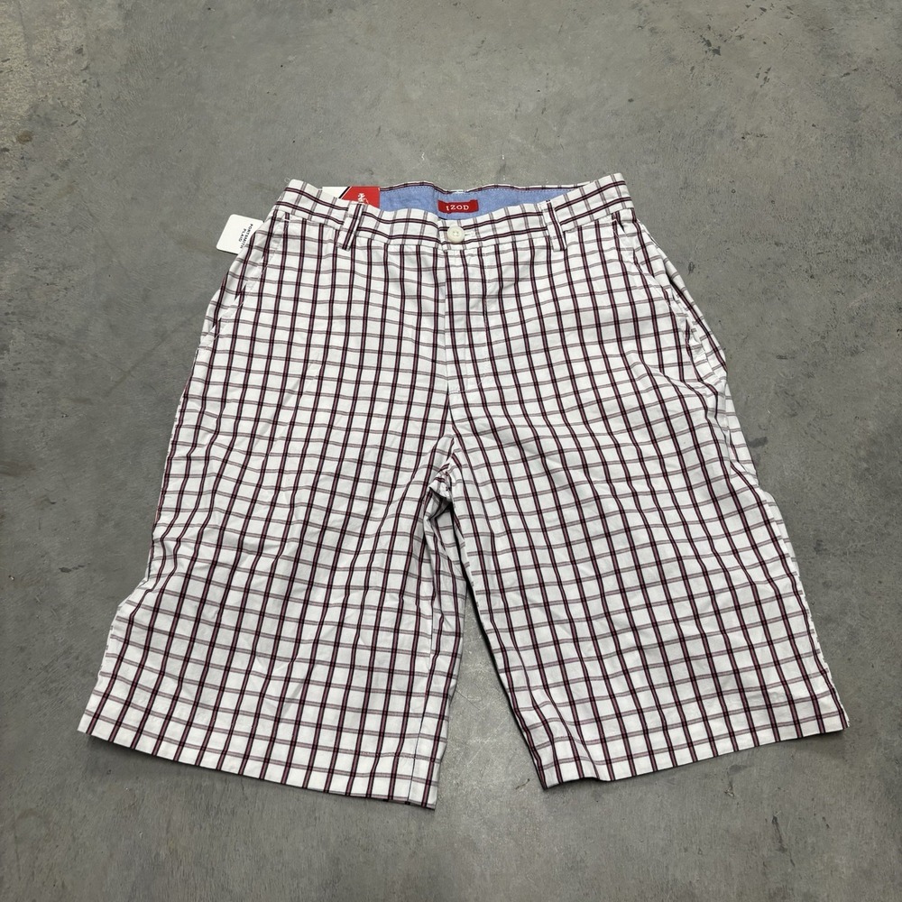 NWT Izod Portsmouth Plaid Flat Front Shorts 30x10.5‎ Red White Golf